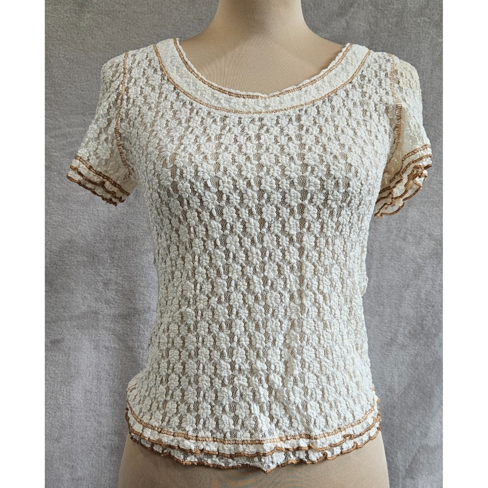 Entro Ivory Floral Lace Top NWT Ruffle Trim Contrast Stitch Romantic Boho Medium